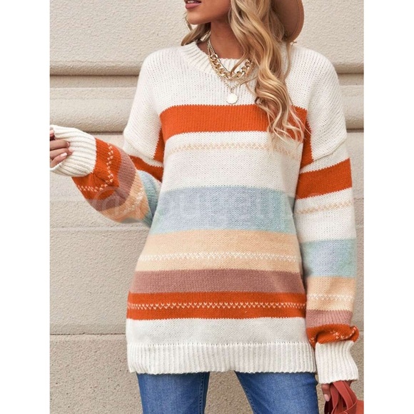 Color Block Stripe Sweater Pullover Multicolor Long Sleeve - Picture 3 of 8